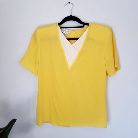 Vintage Carlisle 80's 100% Silk Short Sleeve Yellow Button Back Blouse Shirt - Picture 1 of 7